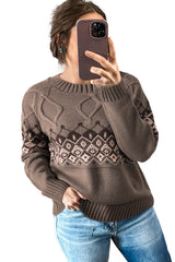 Light French Beige Western Geometric Patterned Crew Neck Knitted Sweater Sweaters JT's Designer Fashion
