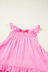 Pink Smocked Neck Knot Back Frilly Tiered Sleeveless Mini Dress Mini Dresses JT's Designer Fashion