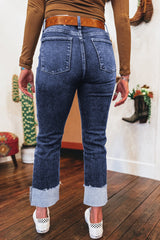 Real Teal Folded Cuffs Distressed Straight High Waist Jeans Jeans JT's Designer Fashion