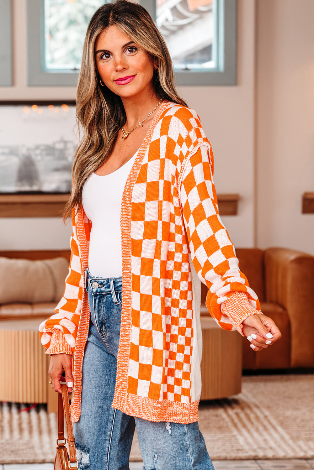 Orange Checkered Open Front Drop Shoulder Cardigan Cardigans JT's Designer Fashion