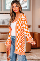 Orange Checkered Open Front Drop Shoulder Cardigan Cardigans JT's Designer Fashion