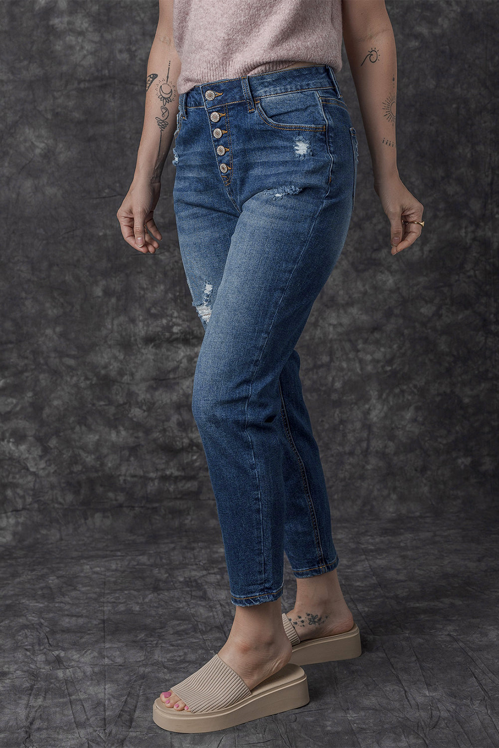 Blue Distressed Button Fly High Waist Skinny Jeans Jeans JT's Designer Fashion