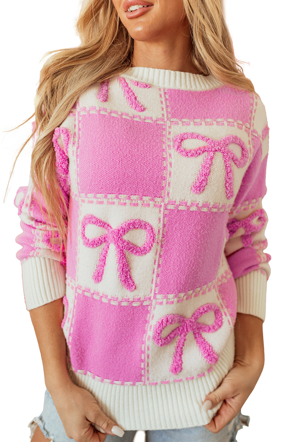 Pink Bow Knot Two Tone Checkered Crew Neck Sweater Sweaters JT's Designer Fashion