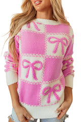 Pink Bow Knot Two Tone Checkered Crew Neck Sweater Sweaters JT's Designer Fashion