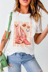 White HOWDY Cowboy Boots Graphic Crew Neck T Shirt Graphic Tees JT's Designer Fashion