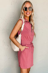 Mineral Red French Terry Zipped Collar Sleeveless Drawstring Waist Mini Dress Mini Dresses JT's Designer Fashion