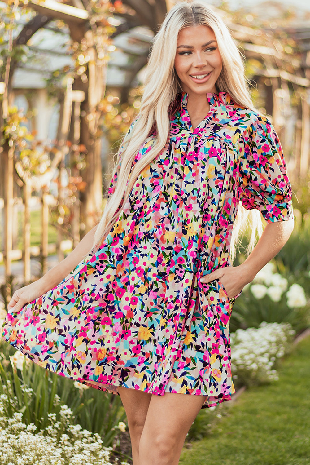 Pink Floral Puff Short Sleeve V Neck Mini Dress Floral Dresses JT's Designer Fashion