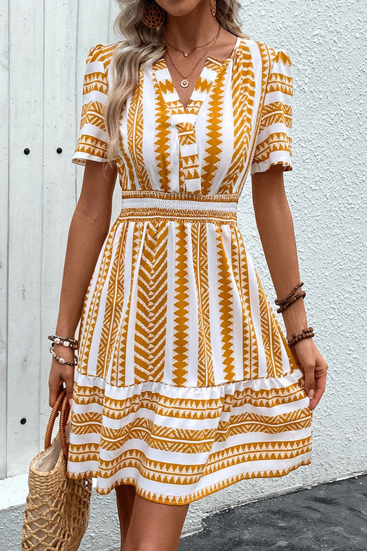 Geometric Notched Short Sleeve Mini Dress Mustard Mini Dresses JT's Designer Fashion