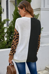 Leopard Print Contrast Color V Neck Sweater Sweaters & Cardigans JT's Designer Fashion