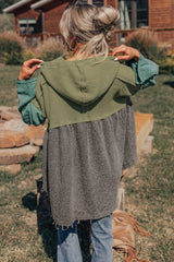 Laurel Green Mixed Textured Colorblock Patchwork Wide Sleeve Frayed High Low Hooded Top Long Sleeve Tops JT's Designer Fashion