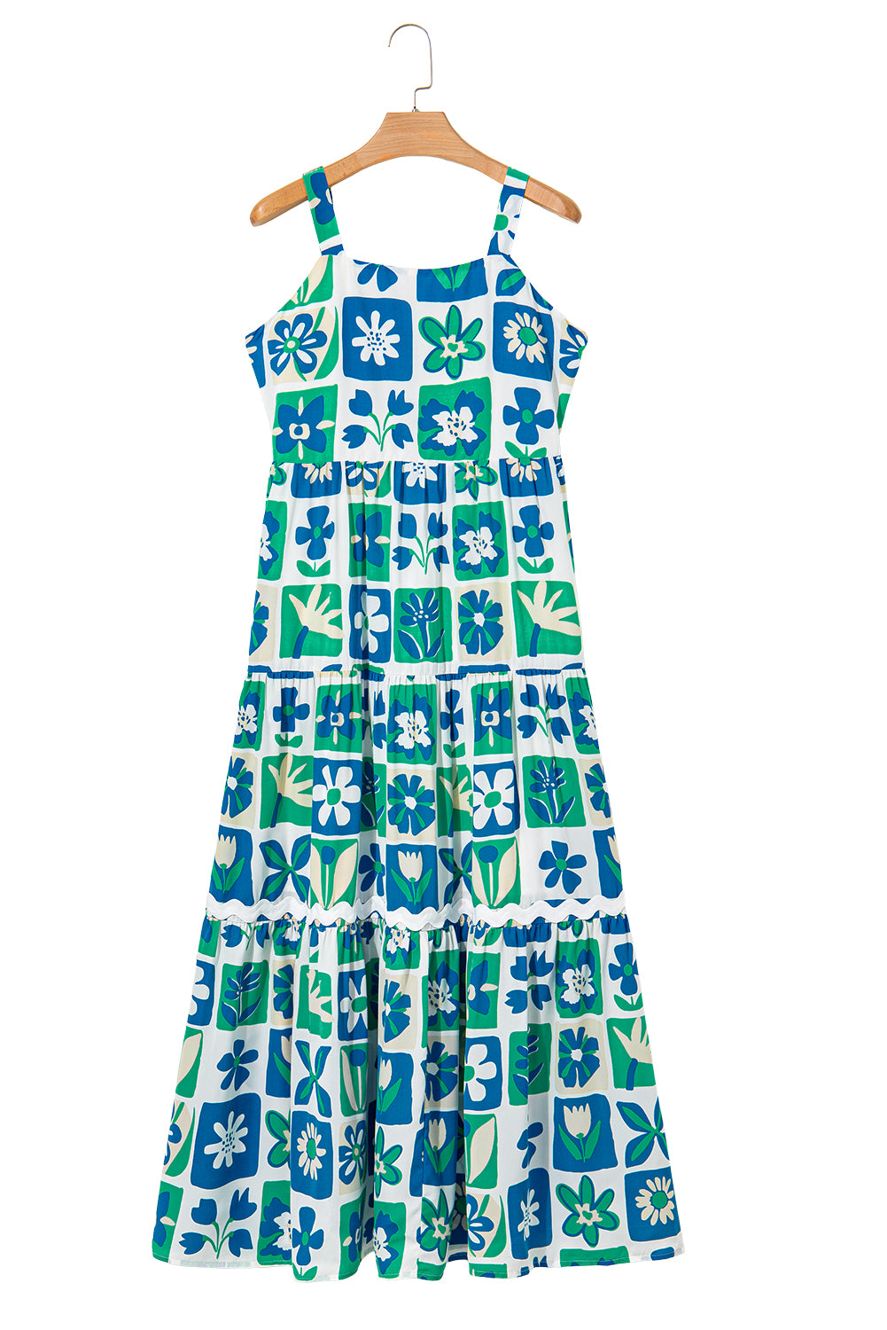 Multicolour Checkered Floral Print Ricrac Trim Casual Pocketed Sleeveless Long Dress Dresses JT's Designer Fashion