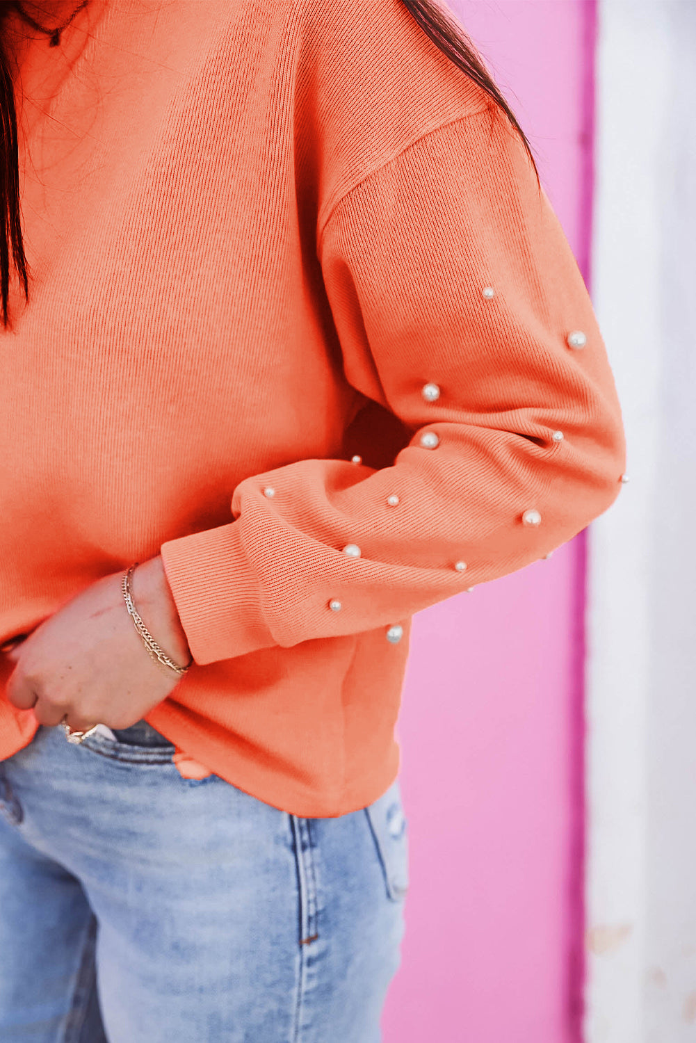 Blossom Pearled Sleeves Drop Shoulder Round Neck Pullover Sweatshirt Sweatshirts & Hoodies JT's Designer Fashion