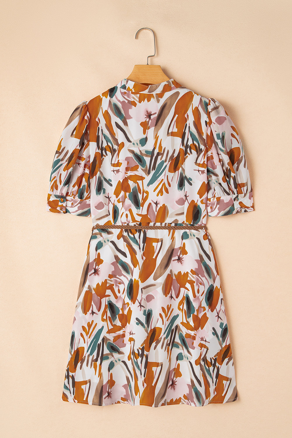 Brown Abstract Printed Puff Sleeve Button Up Braided Belt Mini Dress Mini Dresses JT's Designer Fashion