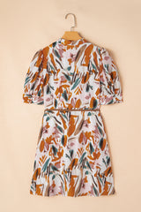 Brown Abstract Printed Puff Sleeve Button Up Braided Belt Mini Dress Mini Dresses JT's Designer Fashion