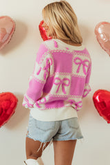 Pink Bow Knot Two Tone Checkered Crew Neck Sweater Sweaters JT's Designer Fashion