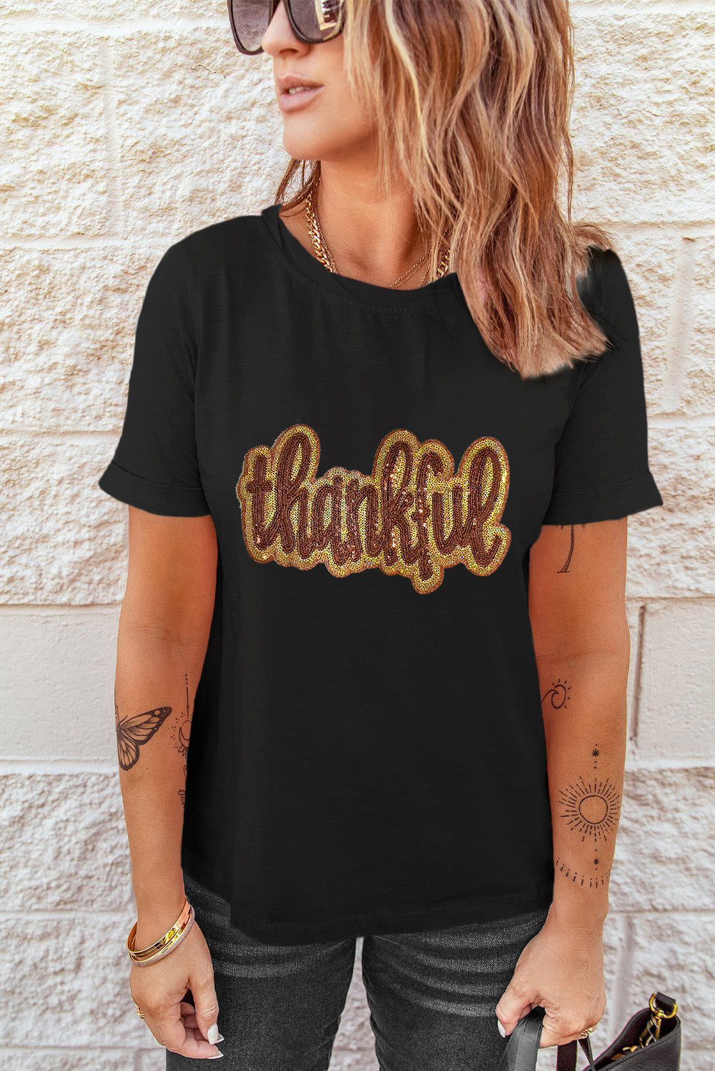 Black Sequined Thankful Round Neck Graphic Tee Graphic Tees JT's Designer Fashion