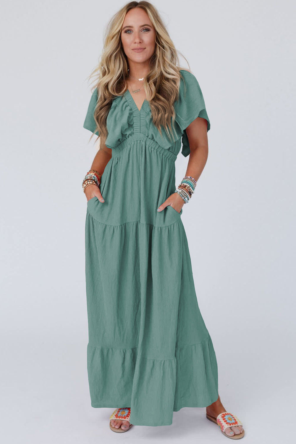Green Textured V Neck Flutter Sleeve Ruffled Long Dress Maxi Dresses JT's Designer Fashion