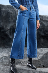 Dark Blue Plain Seam Detail Flared Bottom Ankle Length Jeans Jeans JT's Designer Fashion