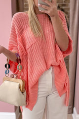Fresh Salmon Short Sleeve Patched Pocket Split Baggy Knit Top Sweaters & Cardigans JT's Designer Fashion