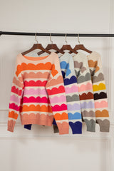 Gray Wave Striped Balloon Sleeve Drop Shoulder Sweater Sweaters JT's Designer Fashion