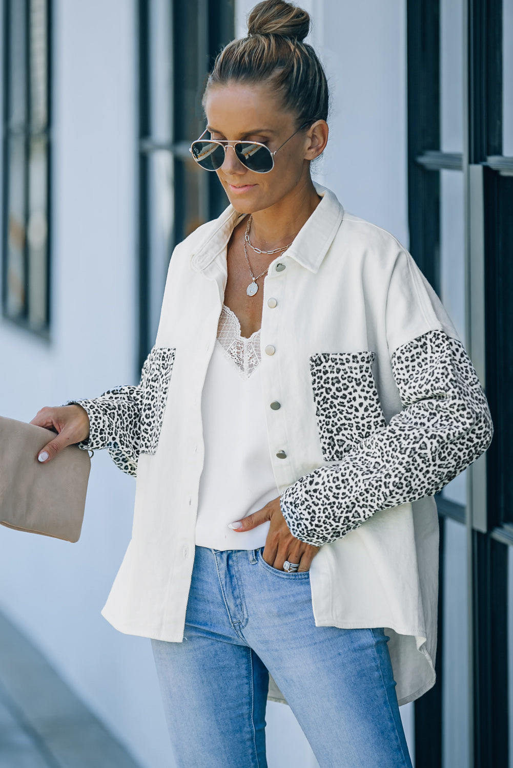 White Contrast Leopard Denim Jacket Denim Jackets JT's Designer Fashion