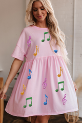 Light Pink Sequined Note Pattern Raw Edge Music Festival Babydoll T-shirt Dress Graphic Dresses JT's Designer Fashion