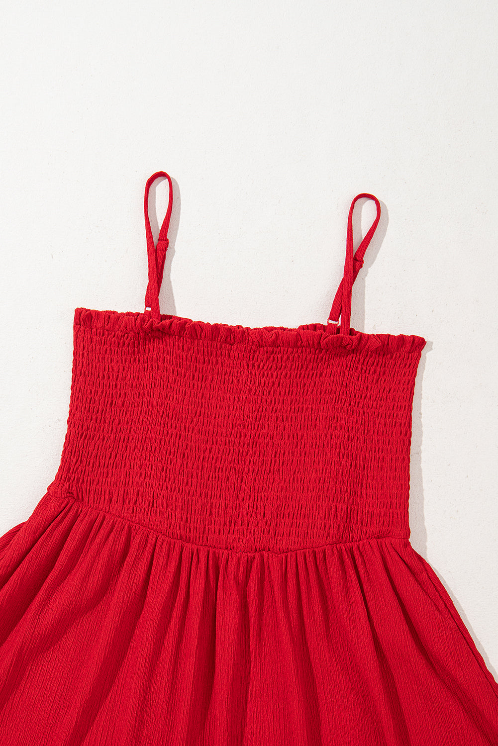 Racing Red Textured Shirred Ruffled Trim Spaghetti Strap Midi Dress Midi Dresses JT's Designer Fashion