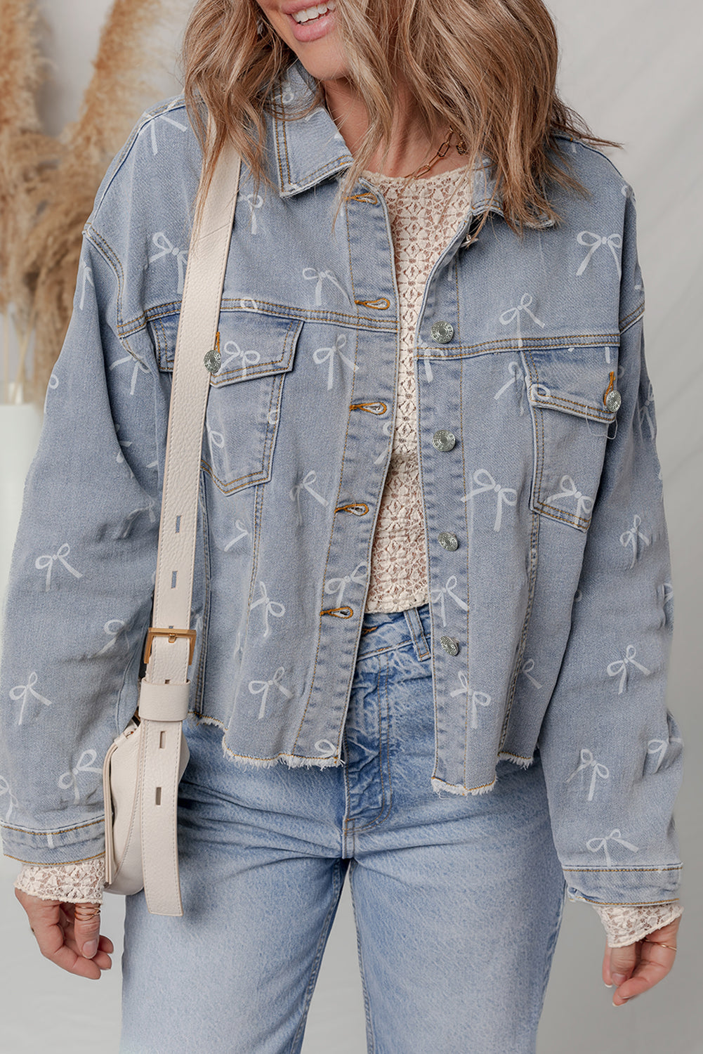 Sky Blue Bow Knot Print Light Wash Raw Hem Denim Jacket Sky Blue 75%Cotton+25%Polyester Denim Jackets JT's Designer Fashion