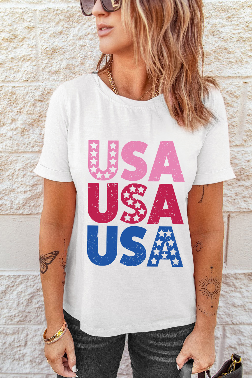 White USA Starry Letter Graphic Cotton Blend T Shirt Graphic Tees JT's Designer Fashion