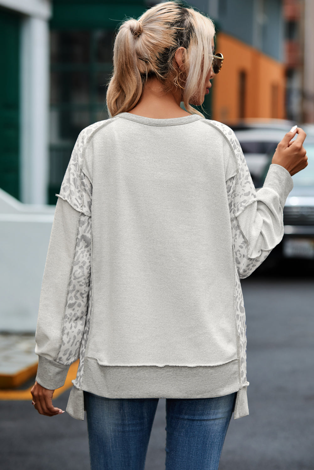 Gray Leopard Patchwork Exposed Seam Buttoned Neck Sweatshirt Sweatshirts & Hoodies JT's Designer Fashion