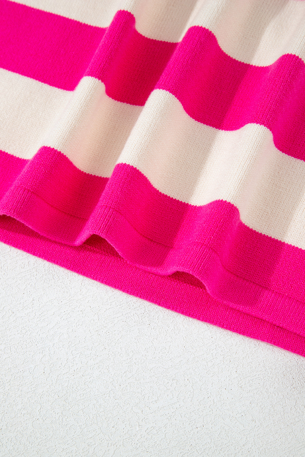 Rose Stripe Color Block Collared V Neck Drop Shoulder Sweater Sweaters JT's Designer Fashion