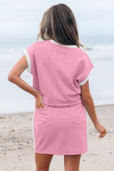 Pink Contrast Trim Textured Crewneck Tee and Pocketed Skirt Set Two Piece Dresses JT's Designer Fashion