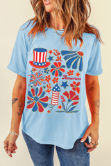Light Blue America Floral Firework Print 4th of July T Shirt Graphic Tees JT's Designer Fashion