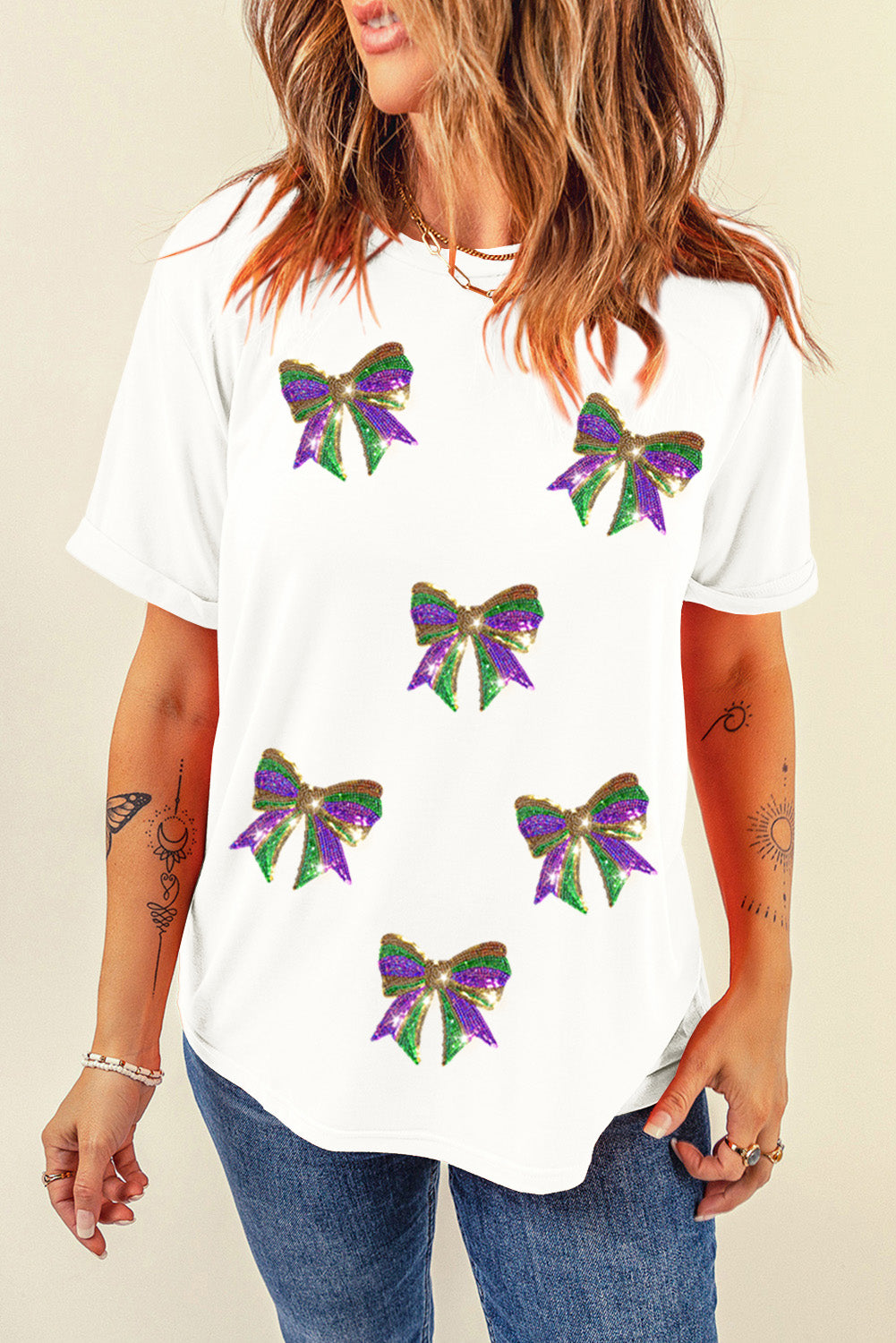 White Sequin Mardi Gras Bow Graphic Crewneck Tee Graphic Tees JT's Designer Fashion
