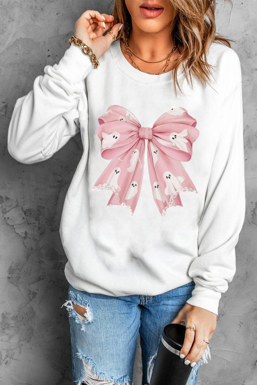 Beige Ghost Bowknot Graphic Crew Neck Drop Shoulder Sweatshirt Graphic Sweatshirts JT's Designer Fashion