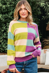 Green Stripe Drop Shoulder Ribbed Edge Casual Sweater Green Stripe 65%Acrylic+35%Polyamide Sweaters JT's Designer Fashion