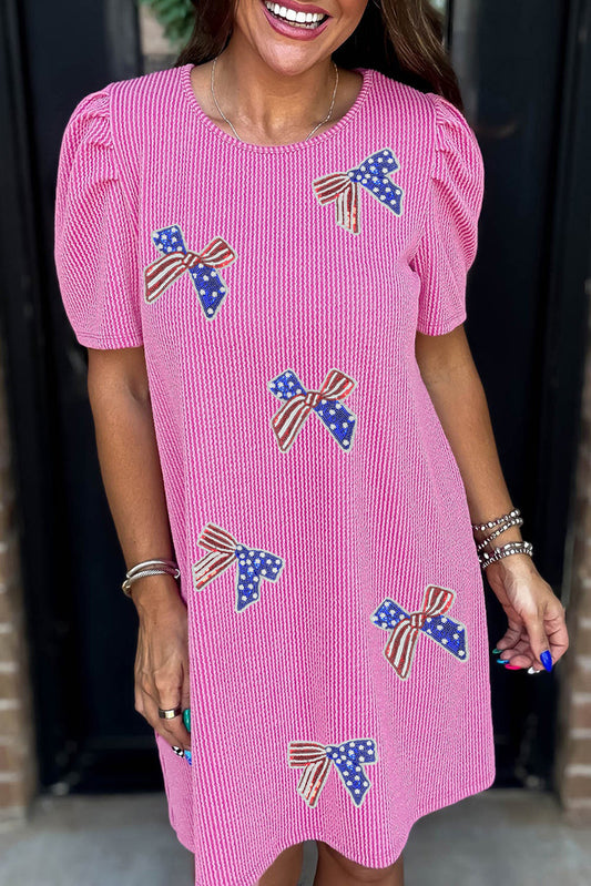 Bright Pink Flag Pattern Inspired Sequin Bow Spiral Ribbed Puff Sleeve T Shirt Dress Graphic Dresses JT's Designer Fashion