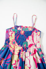 Purple Floral Print Shirred Spaghetti Strap Loose Long Dress Maxi Dresses JT's Designer Fashion