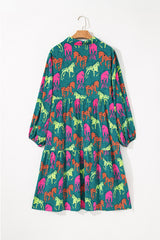 Green Horse Printed Long Sleeve Collared Buttoned Plus Size Midi Dress Plus Size Midi Dresses JT's Designer Fashion