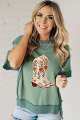 Smoke Green Floral Boots Printed Raw Seam Mix Texture Patchwork Tee Graphic Tees JT's Designer Fashion