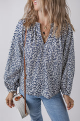 Blue Floral Print Notched V Neck Puff Sleeve Blouse Blue 100%Cotton Blouses & Shirts JT's Designer Fashion