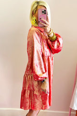 Peach Blossom Metallic Sheen Puff Sleeve Button Up Mini Shirt Dress Mini Dresses JT's Designer Fashion