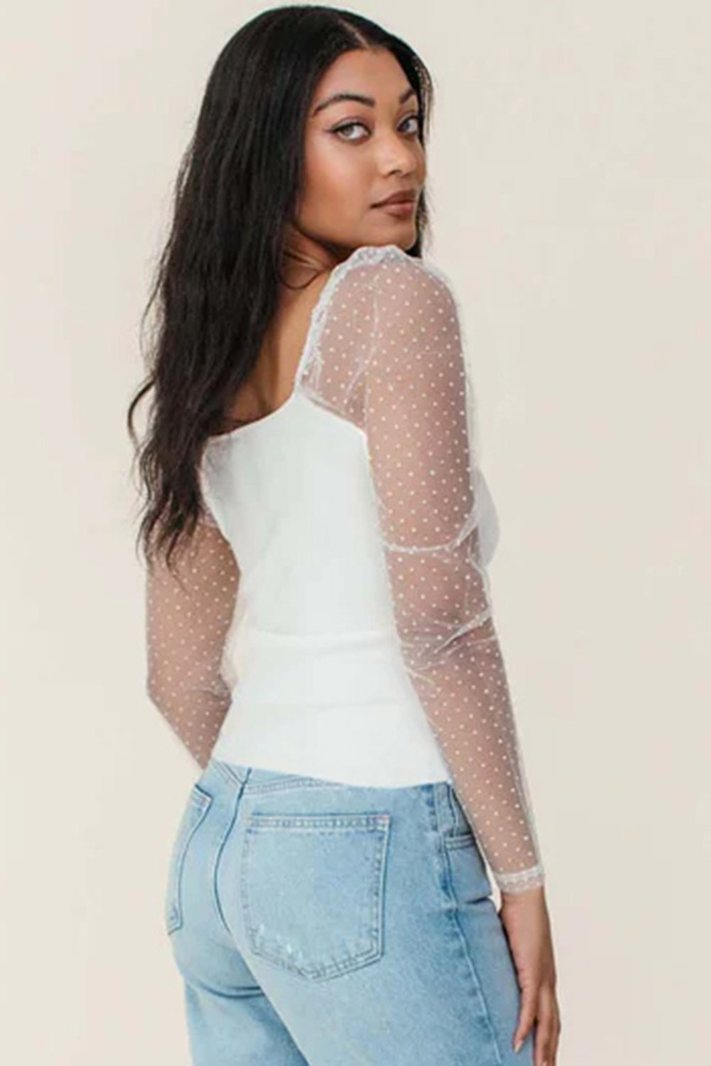 White Swiss Dot Mesh Long Sleeve Square Neck Slim Top Long Sleeve Tops JT's Designer Fashion