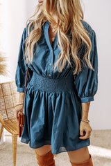 Prussian Blue 3/4 Sleeve Shirred High Waist Buttoned Mini Dress Mini Dresses JT's Designer Fashion