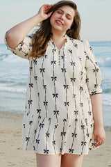 Apricot Bow Printed Puff Sleeve Ruffled Plus Size Mini Dress Plus Size Mini Dresses JT's Designer Fashion
