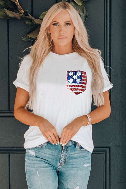 White American Flag Sequin Pocket Patched T Shirt Graphic Tees JT's Designer Fashion