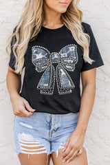 Black Rhinestone Bowknot Graphic Crewneck T Shirt Graphic Tees JT's Designer Fashion