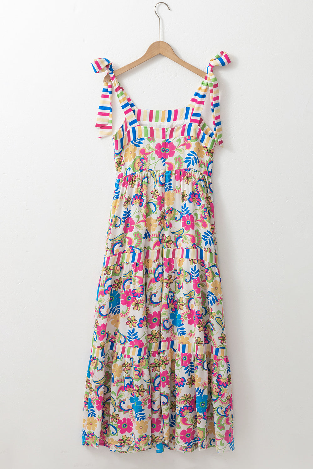 Rose Red Striped Trim Self-tie Straps Floral Maxi Dress Floral Dresses JT's Designer Fashion