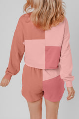 Peach Blossom Colorblock Patchwork Long Sleeve Shorts Outfit Short Sets JT's Designer Fashion
