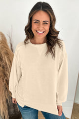 Beige Splicing Round Neck Pullover Sweatshirt Sweatshirts & Hoodies JT's Designer Fashion